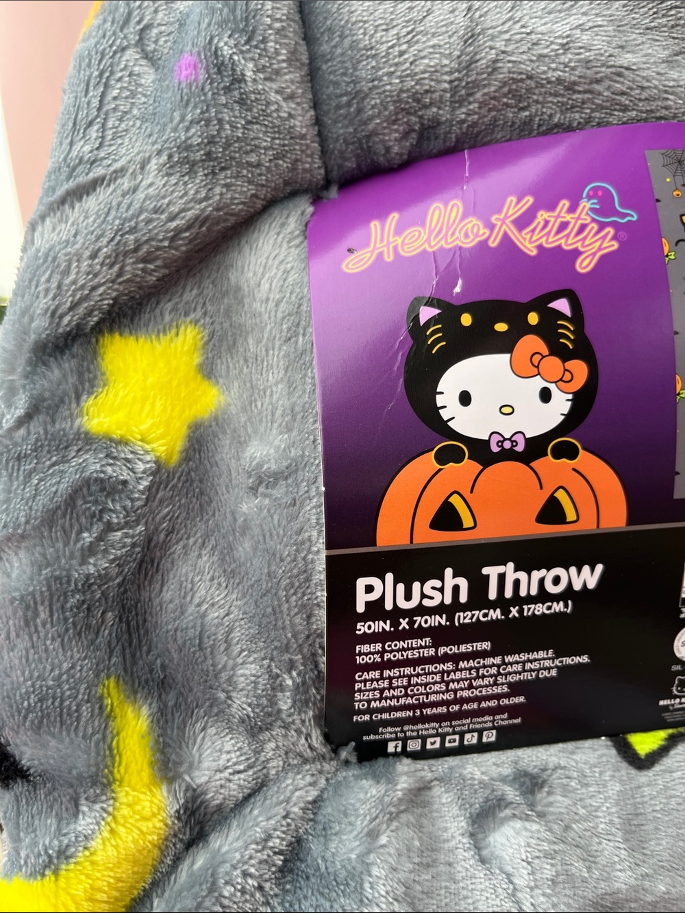 Hello Kitty Gray Plush Throw with Yellow Stars and Purple Accents